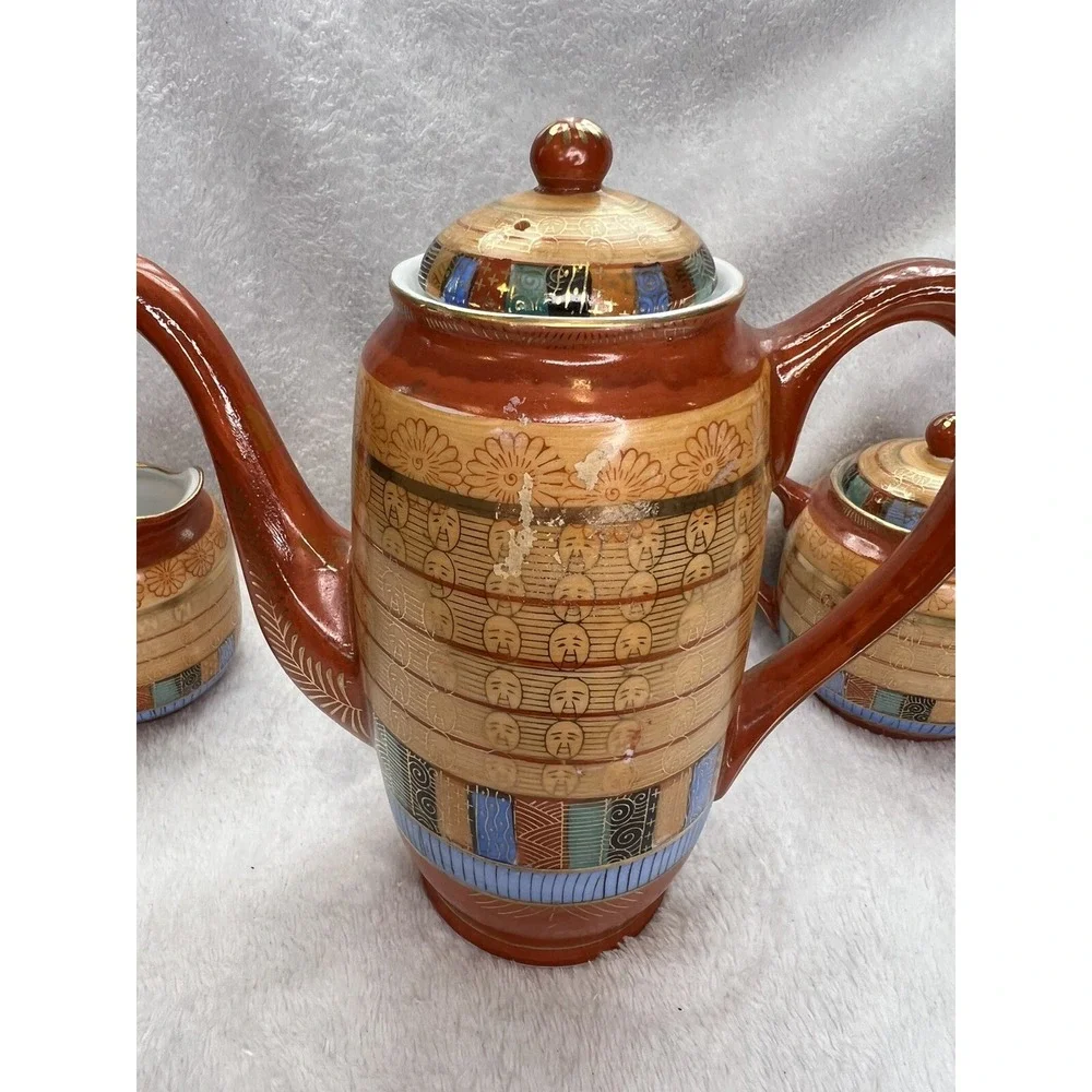 AA Importing Co Tea Set Japan Thousand Faces Gold Porcelain 13pc Set‎ Terracotta